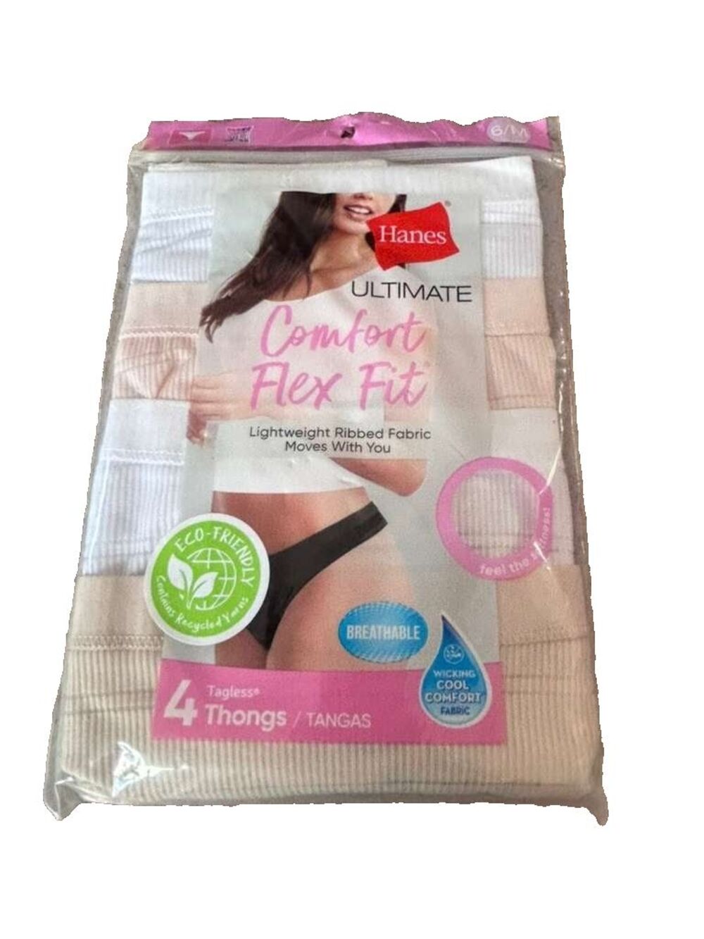 Hanes Ultimate Womens Breathable Comfort Flex Fit Thong 4pack, Size 6 Medium New